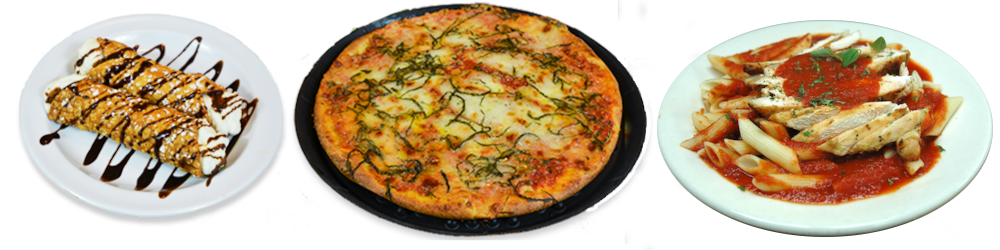 A Cannolli, a pizza, and a pasta dish